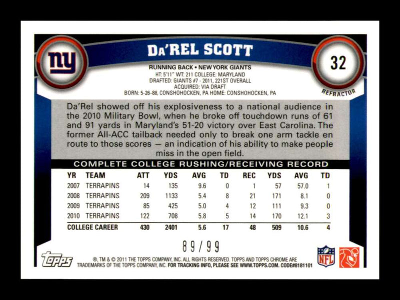 Load image into Gallery viewer, 2011 Topps Chrome Sepia Refractor Da&#39;Rel Scott #32 New York Giants Rookie RC /99 Image 2
