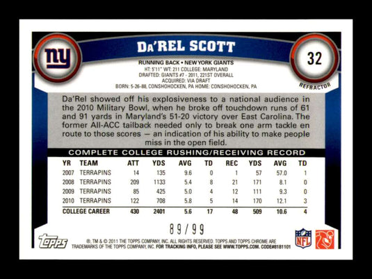 2011 Topps Chrome Sepia Refractor Da'Rel Scott 