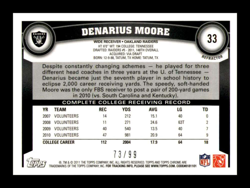 Load image into Gallery viewer, 2011 Topps Chrome Sepia Refractor Denarius Moore #33 Oakland Raiders Rookie RC /99 Image 2
