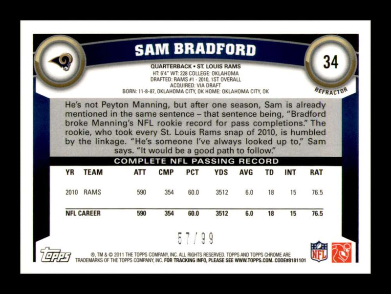 Load image into Gallery viewer, 2011 Topps Chrome Sepia Refractor Sam Bradford #34 St Louis Rams /99 Image 2
