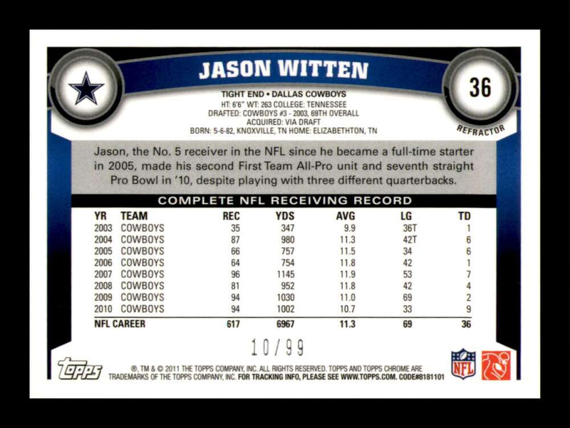 Load image into Gallery viewer, 2011 Topps Chrome Sepia Refractor Jason Witten #36 Dallas Cowboys /99 Image 2
