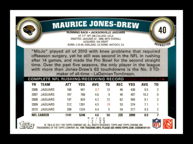 Load image into Gallery viewer, 2011 Topps Chrome Sepia Refractor Maurice Jones-Drew #40 Jacksonville Jaguars /99 Image 2
