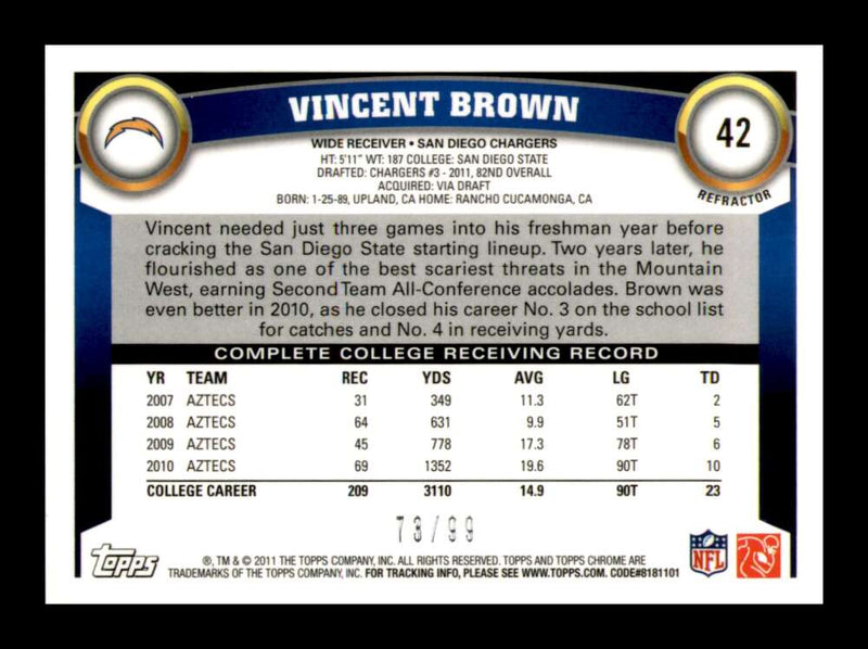 Load image into Gallery viewer, 2011 Topps Chrome Sepia Refractor Vincent Brown #42 San Diego Chargers Rookie RC /99 Image 2
