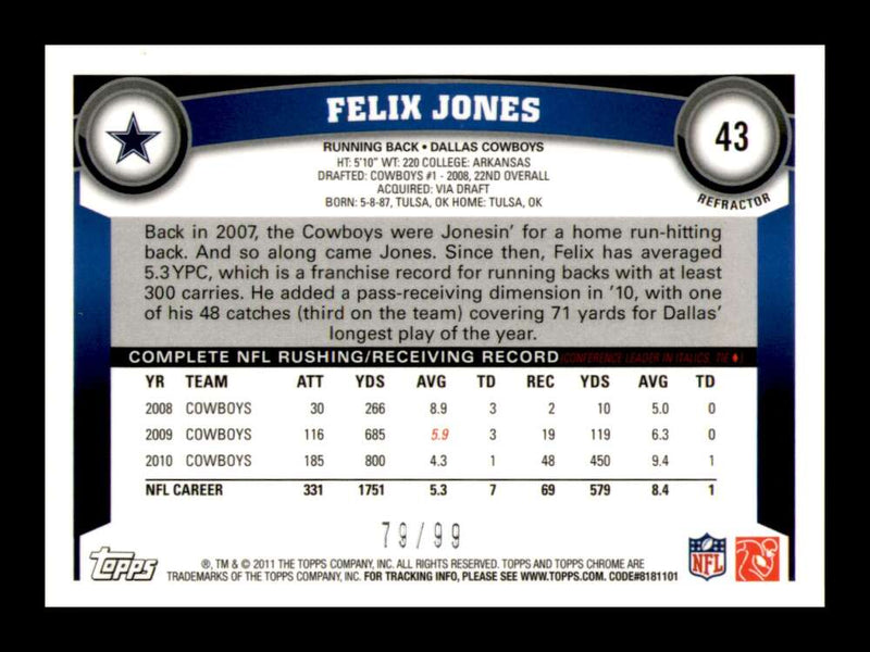 Load image into Gallery viewer, 2011 Topps Chrome Sepia Refractor Felix Jones #43 Dallas Cowboys /99 Image 2
