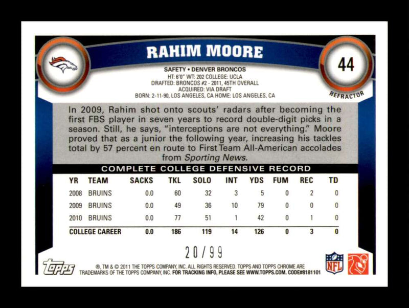 Load image into Gallery viewer, 2011 Topps Chrome Sepia Refractor Rahim Moore #44 Denver Broncos Rookie RC /99 Image 2
