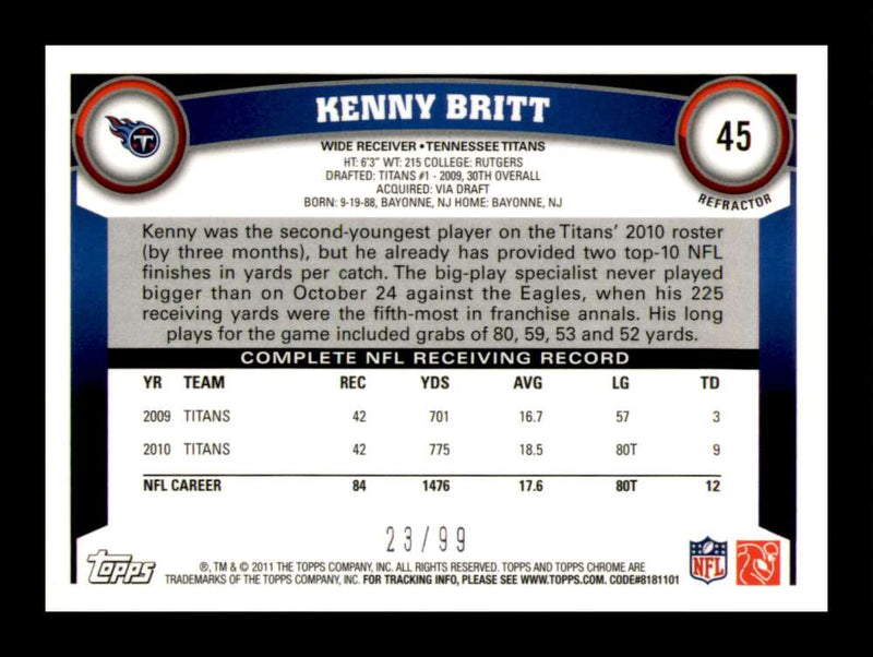 Load image into Gallery viewer, 2011 Topps Chrome Sepia Refractor Kenny Britt #45 Tennessee Titans /99 Image 2
