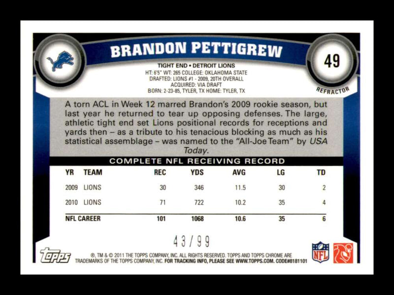 Load image into Gallery viewer, 2011 Topps Chrome Sepia Refractor Brandon Pettigrew #49 Detroit Lions /99 Image 2
