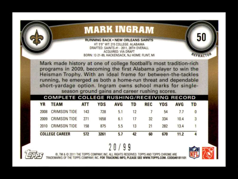 Load image into Gallery viewer, 2011 Topps Chrome Sepia Refractor Mark Ingram #50 New Orleans Saints Rookie RC /99 Image 2
