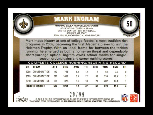 2011 Topps Chrome Sepia Refractor Mark Ingram 