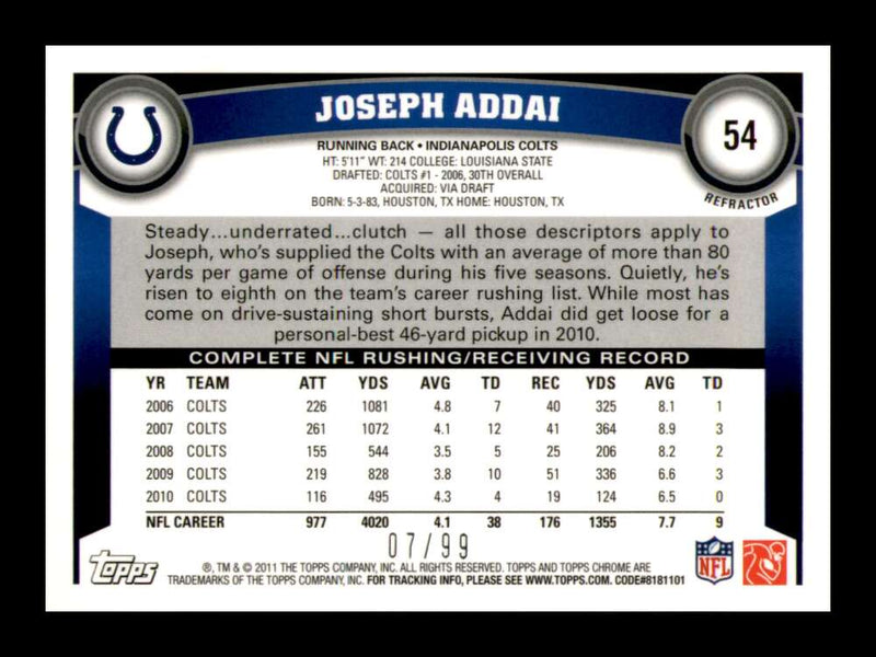 Load image into Gallery viewer, 2011 Topps Chrome Sepia Refractor Joseph Addai #54 Indianapolis Colts /99 Image 2
