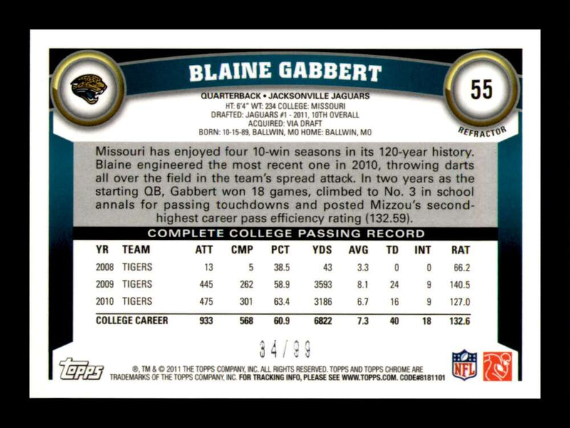 Load image into Gallery viewer, 2011 Topps Chrome Sepia Refractor Blaine Gabbert #55 Jacksonville Jaguars Rookie RC /99 Image 2
