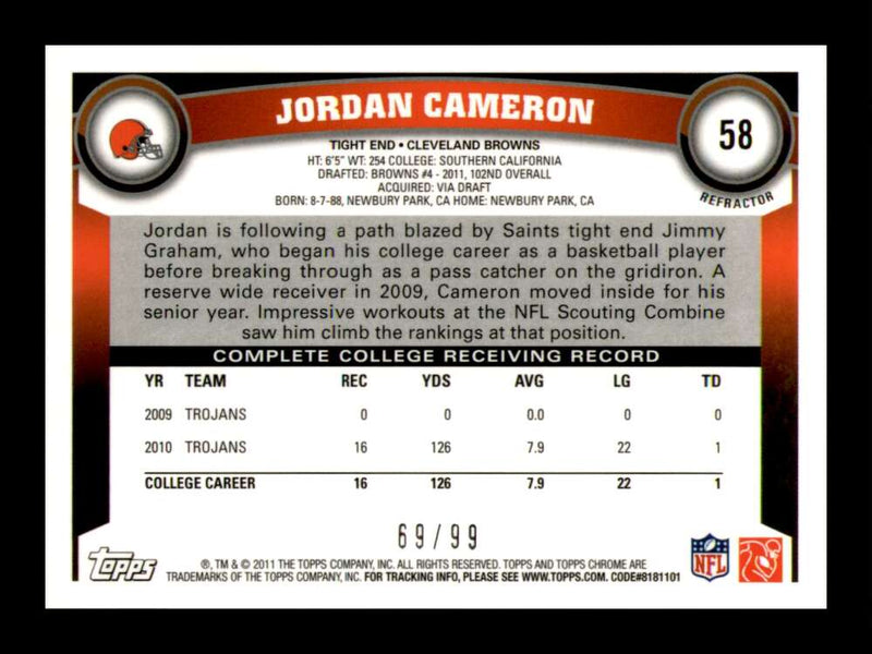 Load image into Gallery viewer, 2011 Topps Chrome Sepia Refractor Jordan Cameron #58 Cleveland Browns Rookie RC /99 Image 2
