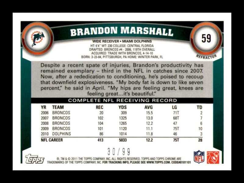 Load image into Gallery viewer, 2011 Topps Chrome Sepia Refractor Brandon Marshall #59 Miami Dolphins /99 Image 2
