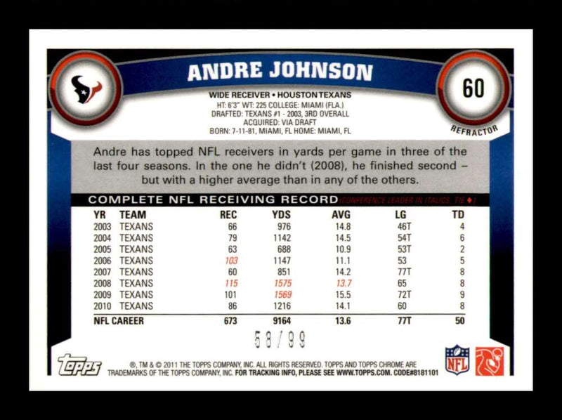 Load image into Gallery viewer, 2011 Topps Chrome Sepia Refractor Andre Johnson #60 Houston Texans /99 Image 2
