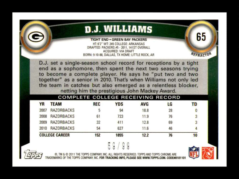 Load image into Gallery viewer, 2011 Topps Chrome Sepia Refractor D.J. Williams #65 Green Packers Rookie RC /99 Image 2
