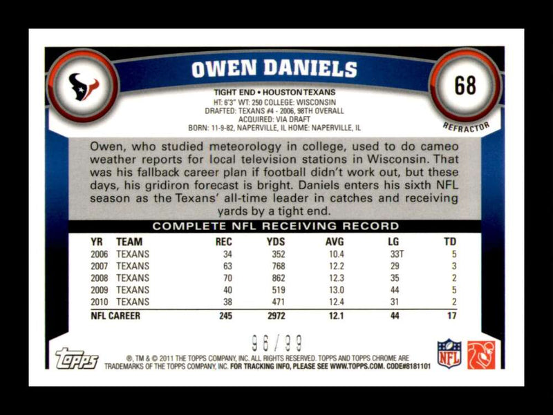 Load image into Gallery viewer, 2011 Topps Chrome Sepia Refractor Owen Daniels #68 Houston Texans /99 Image 2
