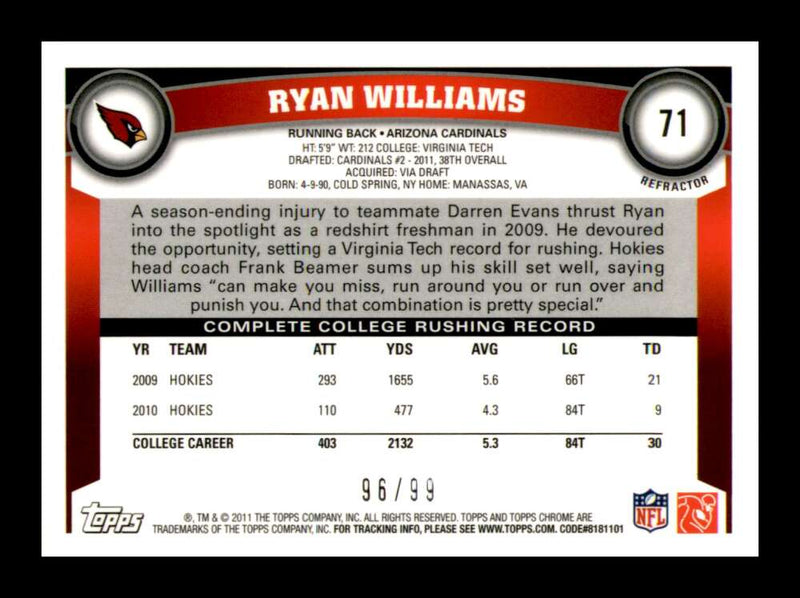 Load image into Gallery viewer, 2011 Topps Chrome Sepia Refractor Ryan Williams #71 Arizona Cardinals Rookie RC /99 Image 2
