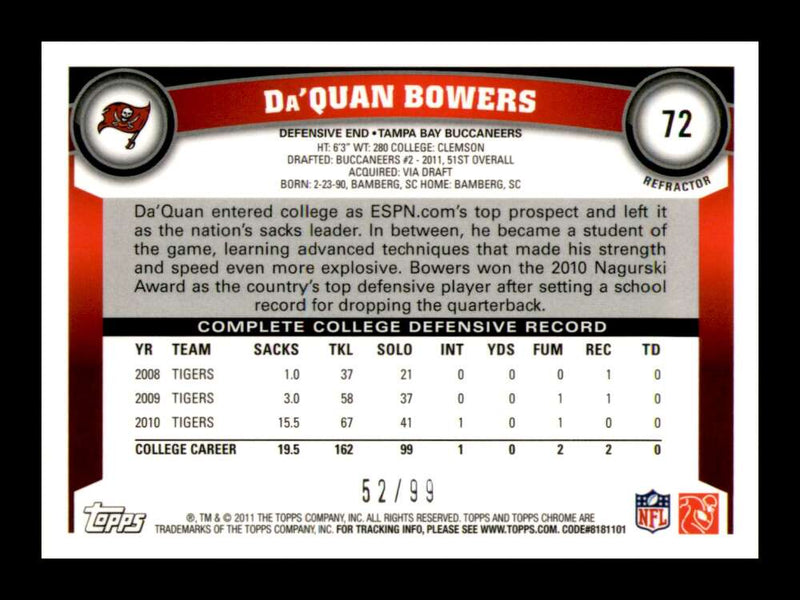 Load image into Gallery viewer, 2011 Topps Chrome Sepia Refractor Da&#39;Quan Bowers #72 Tampa Bay Buccaneers Rookie RC /99 Image 2
