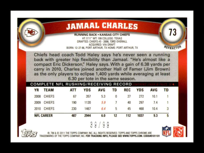 Load image into Gallery viewer, 2011 Topps Chrome Sepia Refractor Jamaal Charles #73 Kansas City Chiefs /99 Image 2
