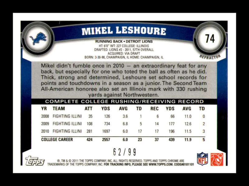 Load image into Gallery viewer, 2011 Topps Chrome Sepia Refractor Mikel Leshoure #74 Detroit Lions Rookie RC /99 Image 2
