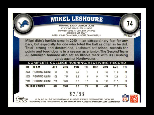 2011 Topps Chrome Sepia Refractor Mikel Leshoure 