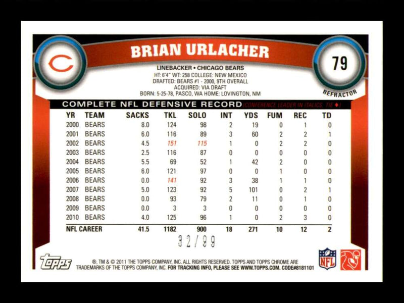 Load image into Gallery viewer, 2011 Topps Chrome Sepia Refractor Brian Urlacher #79 Chicago Bears /99 Image 2
