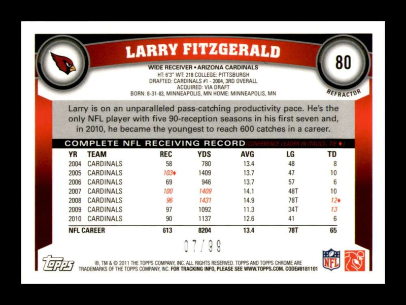 Load image into Gallery viewer, 2011 Topps Chrome Sepia Refractor Larry Fitzgerald #80 Arizona Cardinals /99 Image 2
