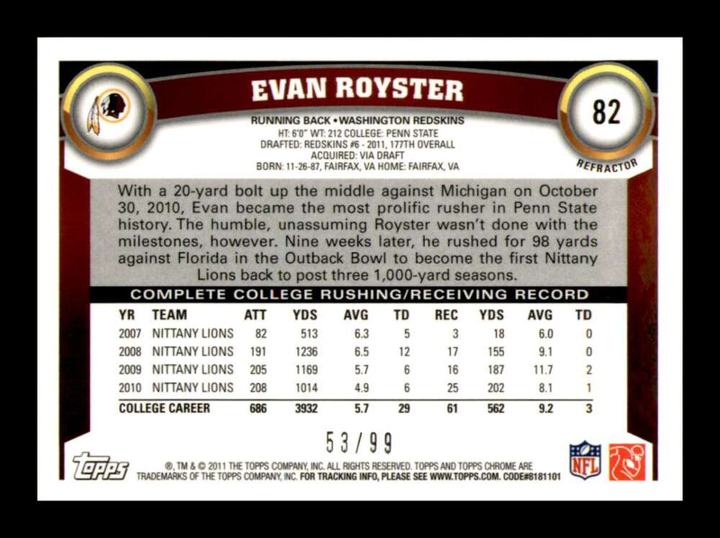 Load image into Gallery viewer, 2011 Topps Chrome Sepia Refractor Evan Royster #82 Washington Redskins /99 Image 2
