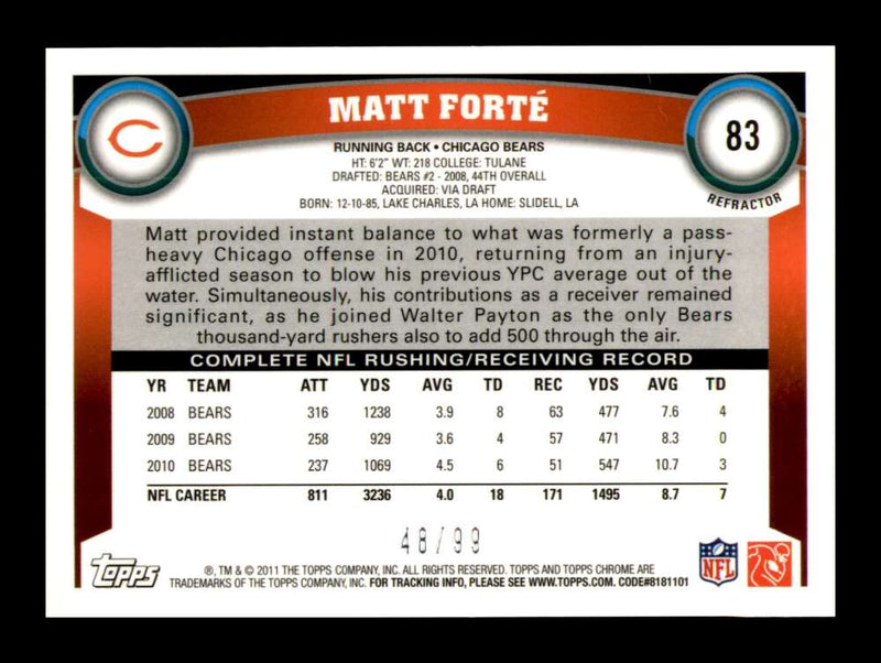 Load image into Gallery viewer, 2011 Topps Chrome Sepia Refractor Matt Forte #83 Chicago Bears /99 Image 2
