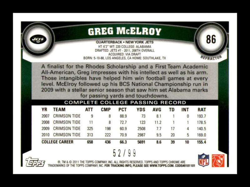 Load image into Gallery viewer, 2011 Topps Chrome Sepia Refractor Greg McElroy #86 New York Jets Rookie RC /99 Image 2
