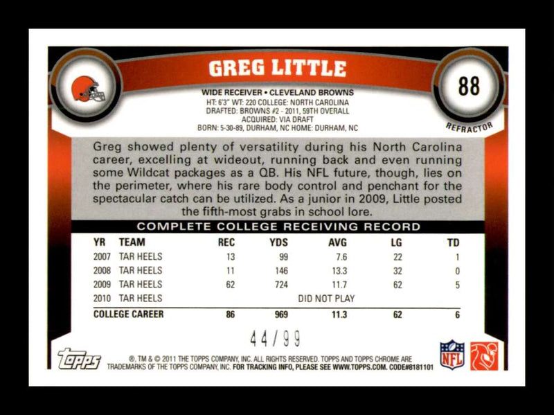 Load image into Gallery viewer, 2011 Topps Chrome Sepia Refractor Greg Little #88 Cleveland Browns Rookie RC /99 Image 2
