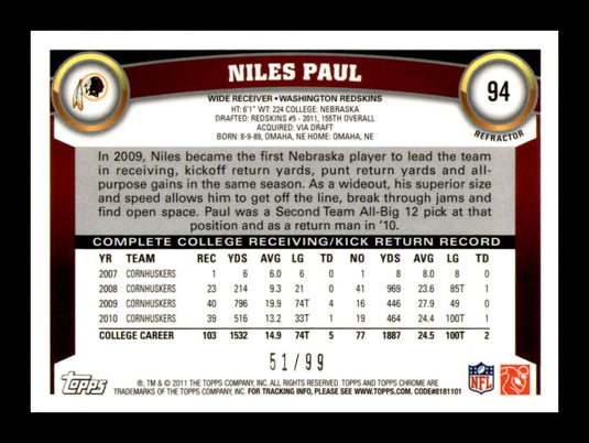 2011 Topps Chrome Sepia Refractor Niles Paul