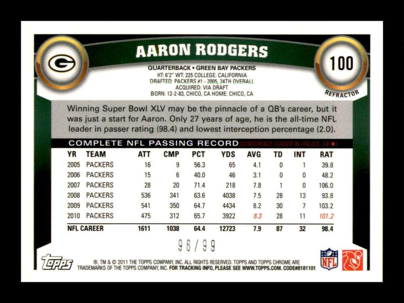 Load image into Gallery viewer, 2011 Topps Chrome Sepia Refractor Aaron Rodgers #100 Green Bay Packers /99 Image 2
