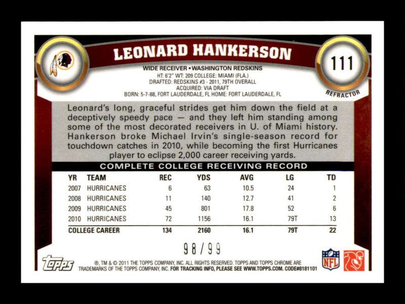 Load image into Gallery viewer, 2011 Topps Chrome Sepia Refractor Leonard Hankerson #111 Washington Redskins Rookie RC /99 Image 2
