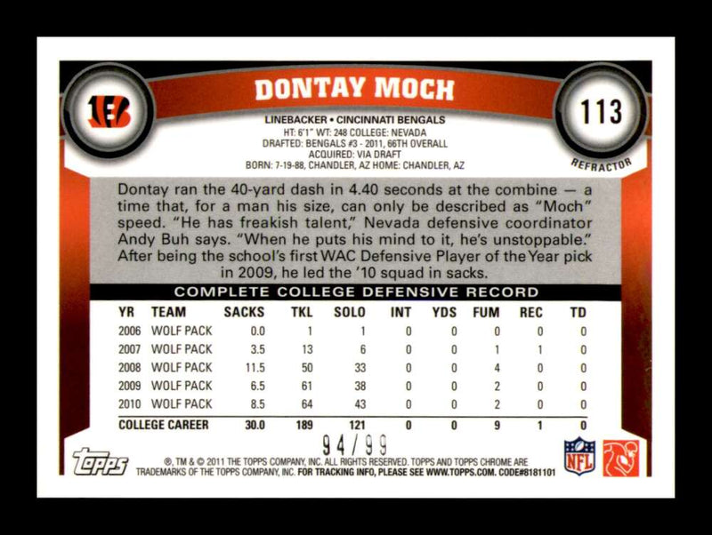 Load image into Gallery viewer, 2011 Topps Chrome Sepia Refractor Dontay Moch #113 Cincinnati Bengals Rookie RC /99 Image 2
