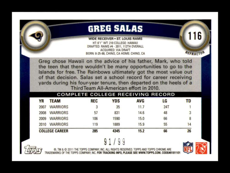 Load image into Gallery viewer, 2011 Topps Chrome Sepia Refractor Greg Salas #116 St Louis Rams Rookie RC /99 Image 2
