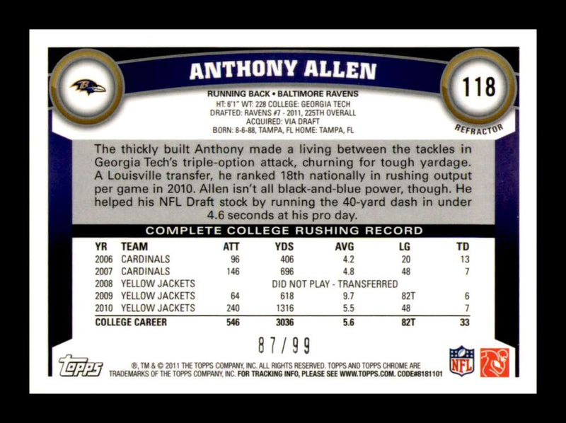 Load image into Gallery viewer, 2011 Topps Chrome Sepia Refractor Anthony Allen #118 Baltimore Ravens Rookie RC /99 Image 2
