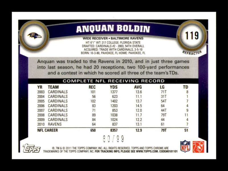 Load image into Gallery viewer, 2011 Topps Chrome Sepia Refractor Anquan Boldin #119 Baltimore Ravens /99 Image 2
