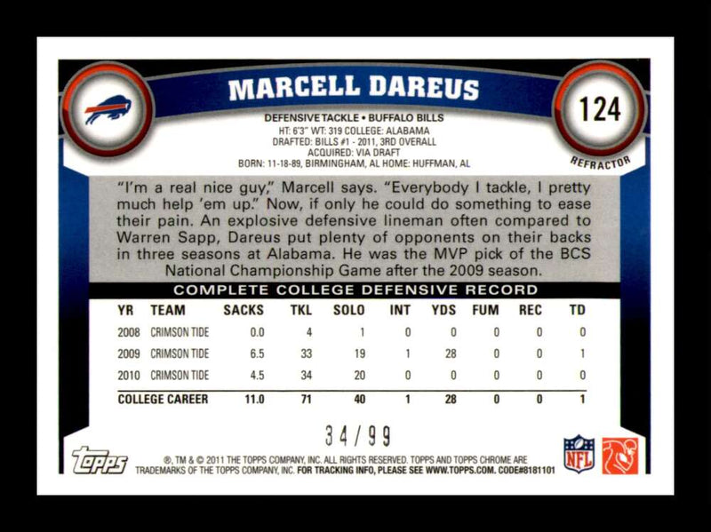 Load image into Gallery viewer, 2011 Topps Chrome Sepia Refractor Marcell Dareus #124 Buffalo Bills Rookie RC /99 Image 2
