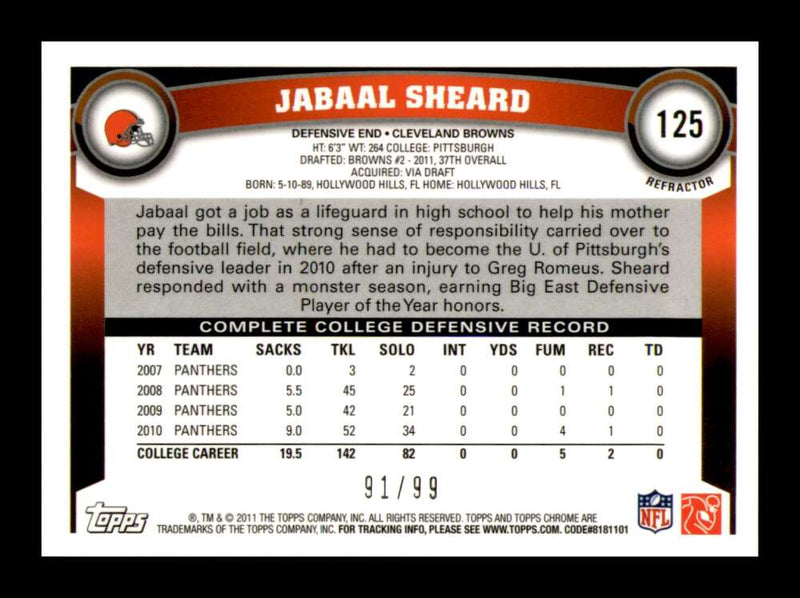 Load image into Gallery viewer, 2011 Topps Chrome Sepia Refractor Jabaal Sheard #125 Cleveland Browns Rookie RC /99 Image 2
