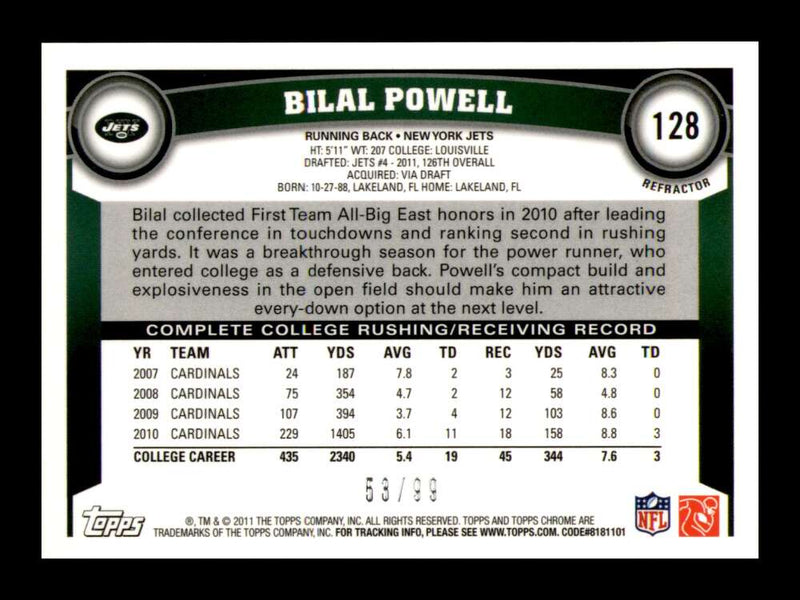 Load image into Gallery viewer, 2011 Topps Chrome Sepia Refractor Bilal Powell #128 New York Jets Rookie RC /99 Image 2
