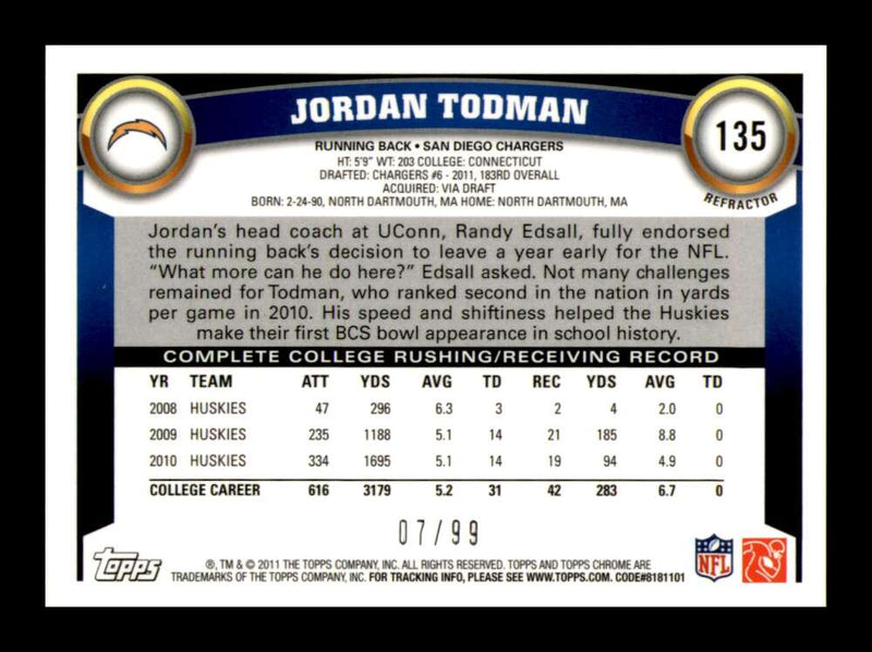 Load image into Gallery viewer, 2011 Topps Chrome Sepia Refractor Jordan Todman #135 San Diego Chargers Rookie RC /99 Image 2
