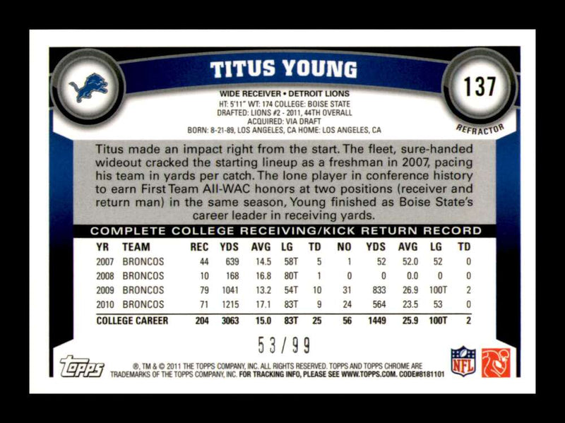 Load image into Gallery viewer, 2011 Topps Chrome Sepia Refractor Titus Young #137 Detroit Lions Rookie RC /99 Image 2
