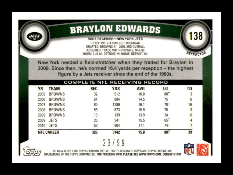 Load image into Gallery viewer, 2011 Topps Chrome Sepia Refractor Braylon Edwards #138 New York Jets /99 Image 2
