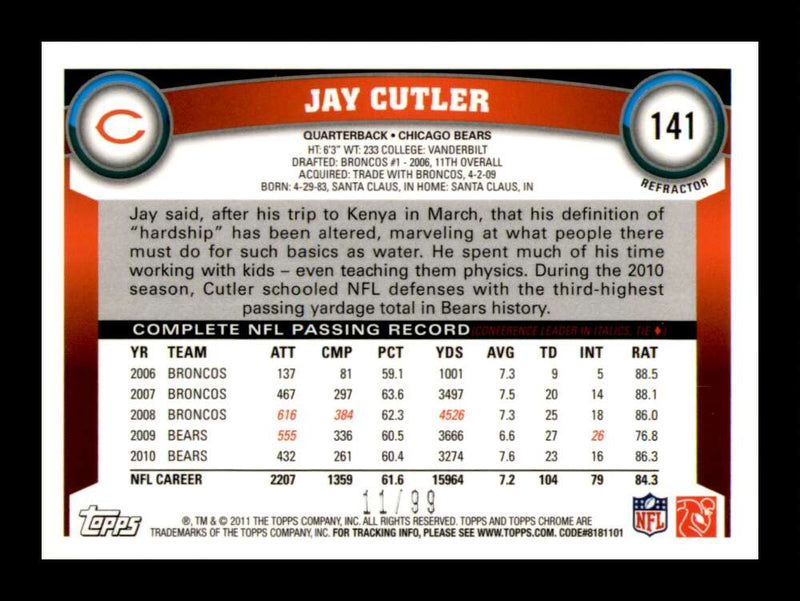 Load image into Gallery viewer, 2011 Topps Chrome Sepia Refractor Jay Cutler #141 Chicago Bears /99 Image 2
