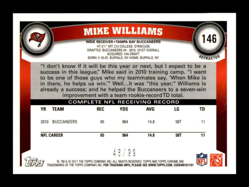 Load image into Gallery viewer, 2011 Topps Chrome Sepia Refractor Mike Williams #146 Tampa Bay Buccaneers /99 Image 2
