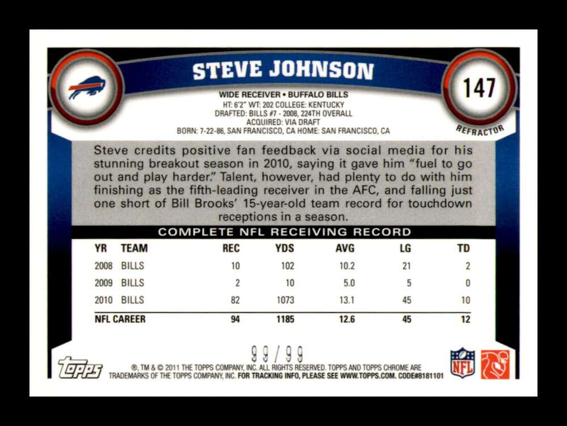 Load image into Gallery viewer, 2011 Topps Chrome Sepia Refractor Steve Johnson #147 Buffalo Bills /99 Image 2
