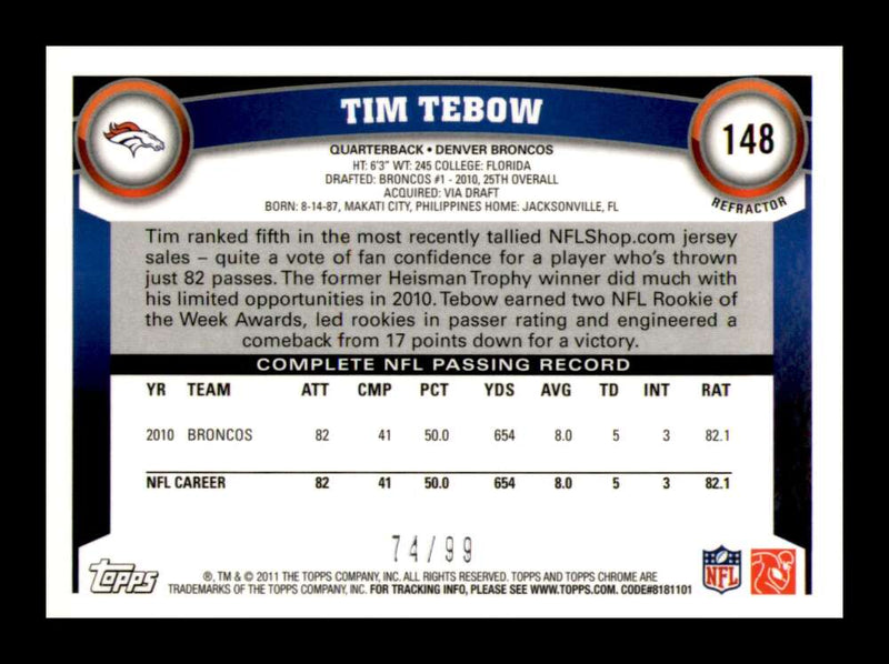 Load image into Gallery viewer, 2011 Topps Chrome Sepia Refractor Tim Tebow #148 Denver Broncos /99 Image 2
