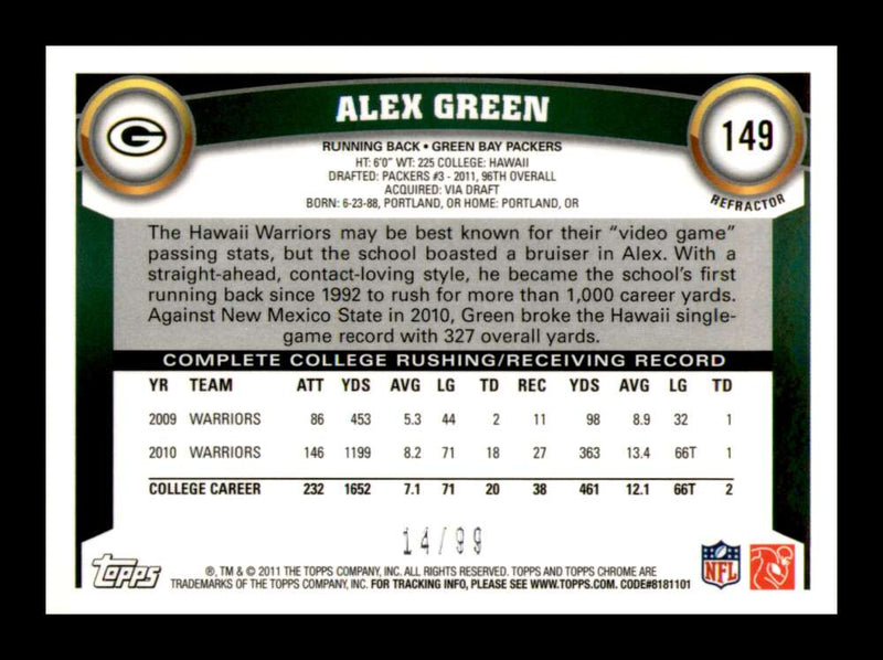 Load image into Gallery viewer, 2011 Topps Chrome Sepia Refractor Alex Green #149 Green Bay Packers Rookie RC /99 Image 2
