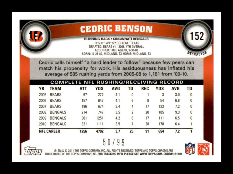 Load image into Gallery viewer, 2011 Topps Chrome Sepia Refractor Cedric Benson #152 Cincinnati Bengals /99 Image 2
